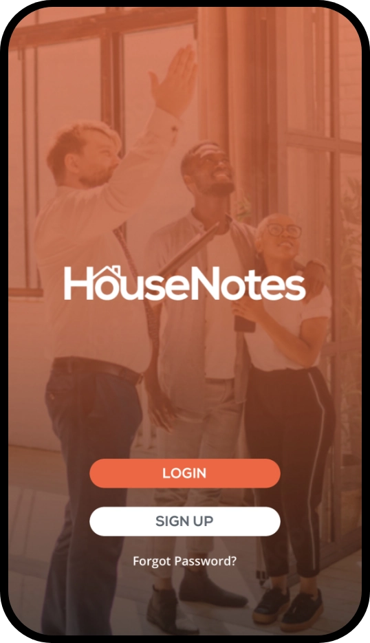 HouseNotes mobile login screen with Login and Sign Up buttons over homebuyers background
